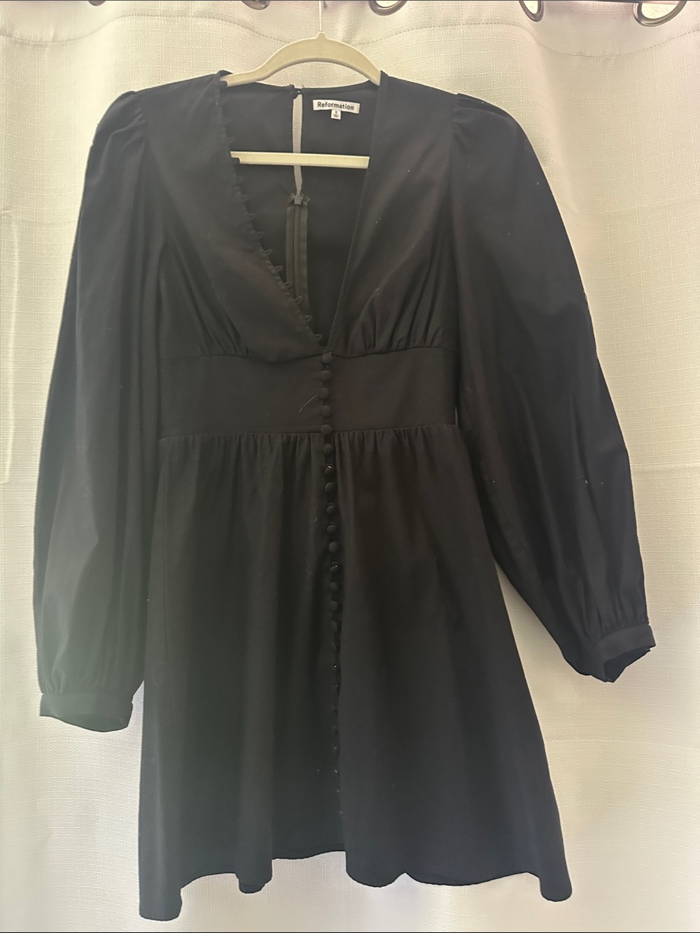 Reformation Black Button-Front Puff Sleeve Mini Dress